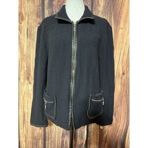 St John Jacket Vintage Women Black Sz 14 XL Knit Leather Trim Career Elegant